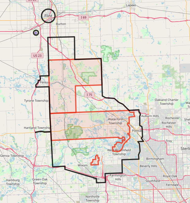 Color-coded map showing areas around Flint, Michigan.